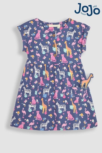 JoJo Maman Bébé Blue Safari Animals Button Front Pet In Pocket Jersey Dress (Q83030) | £23