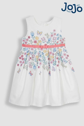 JoJo Maman Bébé White Butterfly Floral Pretty Pleated Party Dress (Q83032) | £36
