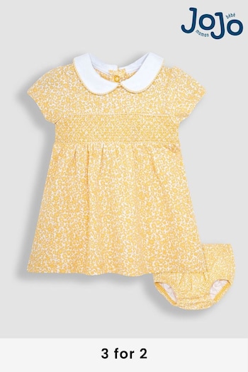 JoJo Maman Bébé Yellow Ditsy Floral Smocked Baby Jersey Dress with Knickers (Q83035) | £25