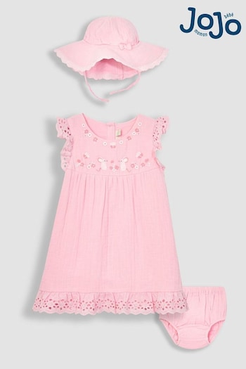 JoJo Maman Bébé Pink Mouse 2-Piece Broderie Cheesecloth Dress & Hat Set (Q83040) | £29.50
