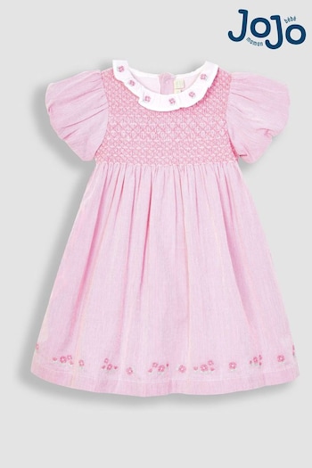 JoJo Maman Bébé Pink Floral Embroidered Collar Smocked Party Dress (Q83044) | £38