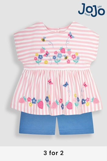 JoJo Maman Bébé Pink 2-Piece Strawberry Appliqué T-Shirt & Shorts Set (Q83051) | £26