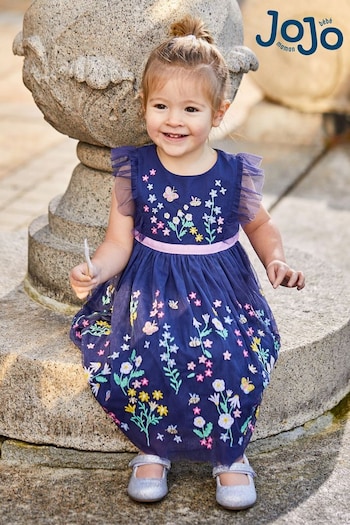 JoJo Maman Bébé Navy Blue Wildflower Embroidered Tulle Pretty Party Dress (Q83056) | £39