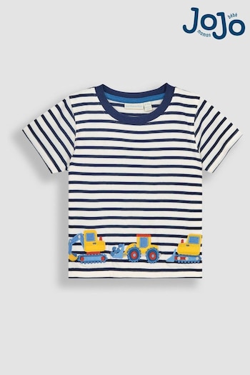 JoJo Maman Bébé Ecru Navy Stripe Digger Appliqué Border T-Shirt (Q83067) | £17