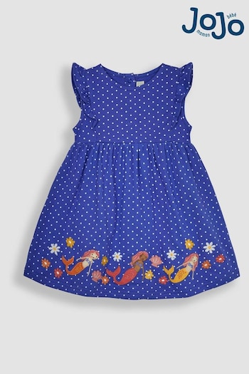 JoJo Maman Bébé Blue Mermaid Appliqué Frill Shoulder Pretty Summer Jersey Dress (Q83119) | £21