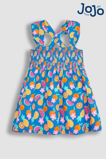 JoJo Maman Bébé Cobalt Blue Summer Fruits Cross Back Smocked Jersey Dress (Q83127) | £20