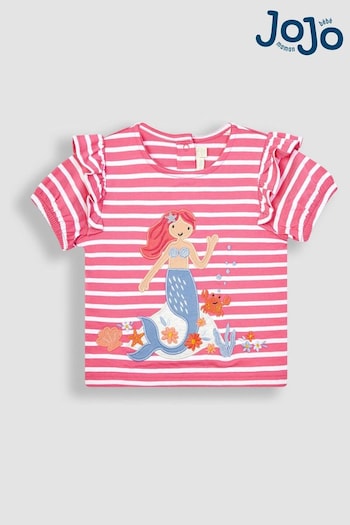 JoJo Maman Bébé Raspberry Pink Mermaid Appliqué Frill Sleeve T-Shirt (Q83128) | £17