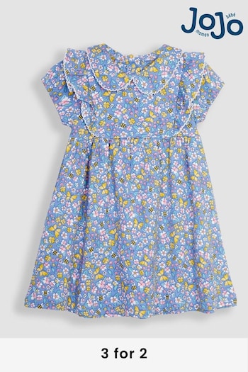 JoJo Maman Bébé Blue Flower & Bee Peter Pan Ruffle Tea Jersey Dress (Q83129) | £23