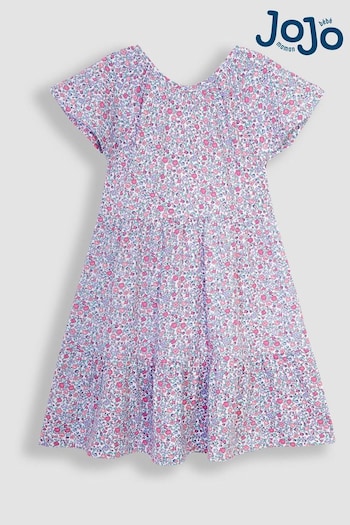 JoJo Maman Bébé Pink Pastel Ditsy Floral Ruffle Sleeve Tiered Jersey Dress (Q83133) | £20