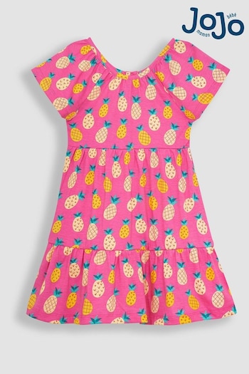 JoJo Maman Bébé Fuschia Pink Pineapple Ruffle Sleeve Tiered Jersey Dress (Q83139) | £16