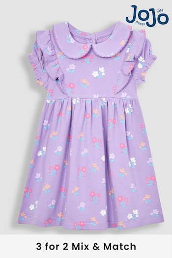 JoJo Maman Bébé Lilac Purple Floral Peter Pan Ruffle Tea Jersey ruffle-hem Dress (Q83140) | £23