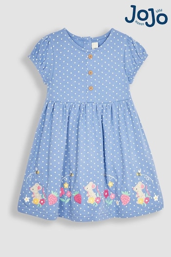 JoJo Maman Bébé Blue Meadow Mouse Appliqué Spot Puff Sleeve Jersey Dress (Q83142) | £23