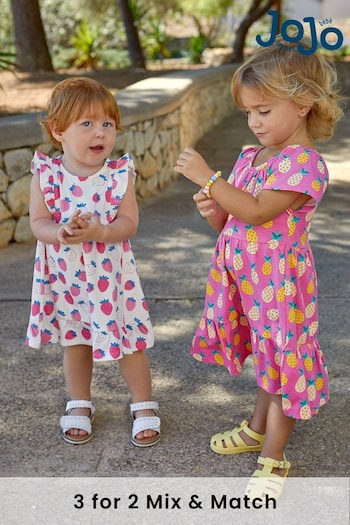 JoJo Maman Bébé Pink Strawberry Frill Shoulder Pretty Summer Jersey Dress (Q83145) | £20