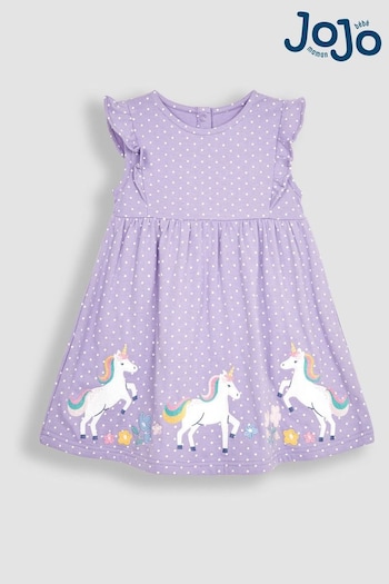 JoJo Maman Bébé Lilac Purple Unicorn Appliqué Frill Shoulder Pretty Summer Jersey Dress (Q83150) | £21