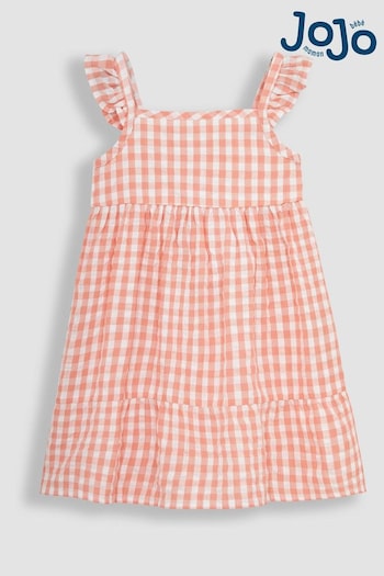 JoJo Maman Bébé Orange Gingham Frill Shoulder Tiered Dress (Q83154) | £19.50