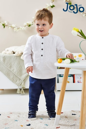 JoJo Maman Bébé White 2-Piece Embroidered Grandad Shirt vintage & Trousers Set (Q83188) | £35