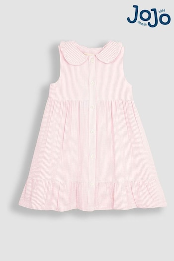 JoJo Maman Bébé Pink Seersucker Stripe Collar Button Through Dress (Q83194) | £20