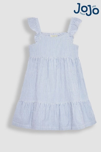 JoJo Maman Bébé Blue Seersucker Stripe Frill Shoulder Tiered Dress (Q83203) | £19.50