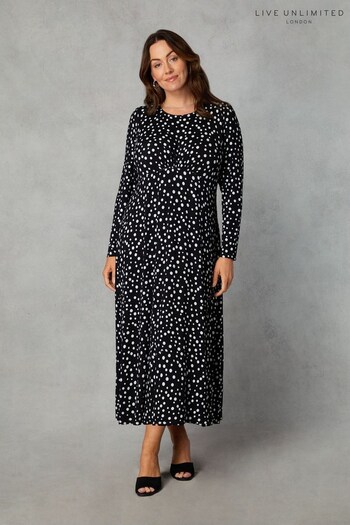 Live Unlimited Curve Petite Mono Spot Print Jersey Empire Seam Midi Black Dress (Q83232) | £59