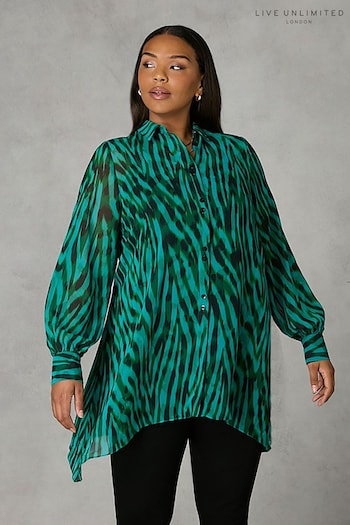 Live Unlimited Curve Green Animal Print Button Through Hanky Hem Shirt (Q83233) | £69