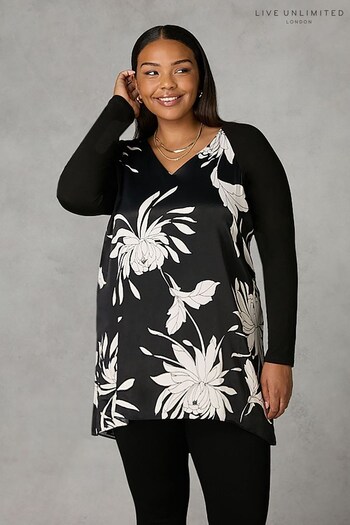 Live Unlimited Curve Stone Floral Print Satin Front High Low Black Tunic (Q83249) | £65