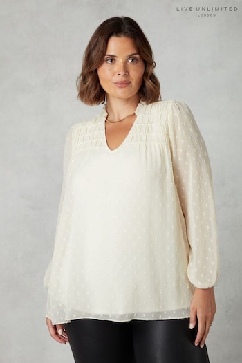 Live Unlimited Curve - Ivory Dobby Ruched Front White Blouse (Q83253) | £69