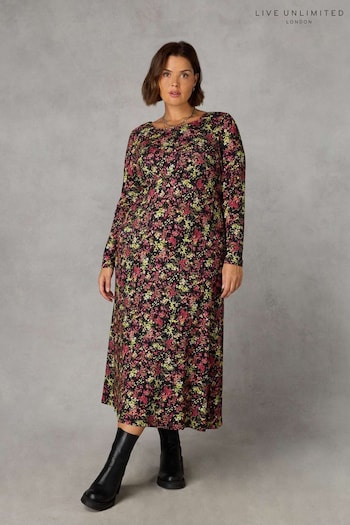 Live Unlimited Curve Multi Ditsy Print Jersey Empire Seam Midi Black Dress (Q83255) | £59