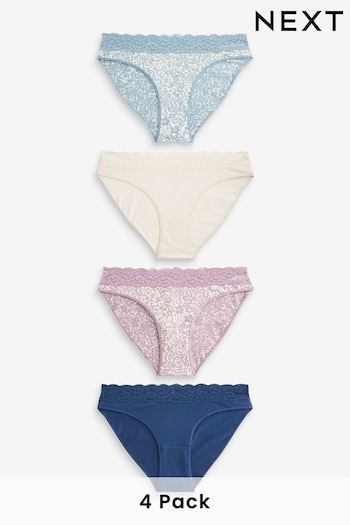 Cream/Blue Printed High Leg Cotton and Lace Knickers 4 Pack (Q83295) | £17