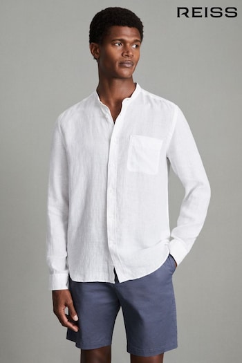 Reiss White Ocean Linen Grandad Collar Shirt (Q83301) | £98