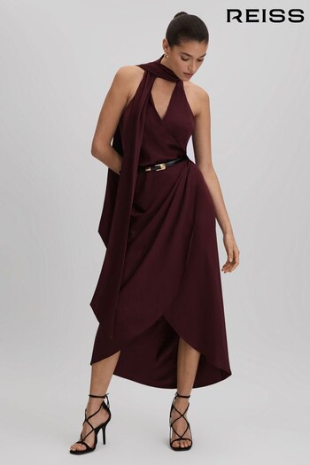Reiss Burgundy Tayla Satin Wrap Front Midi Dress (Q83314) | £248