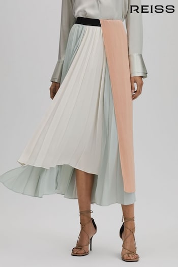 Reiss Pink/Cream Maddie Pleated Asymmetric Midi Skirt (Q83335) | £198