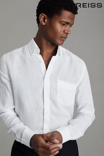 Reiss White Queens Linen Button-Down Collar Shirt (Q83389) | £98