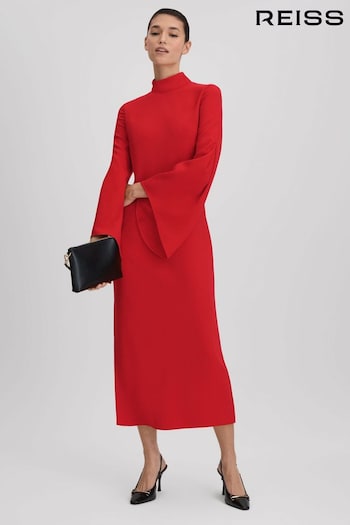 Reiss Red Katya Flute Sleeve Bodycon Midi Dress (Q83394) | £238
