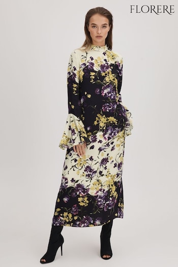 Florere Printed Fluted Cuff Midi Dress (Q83396) | £268