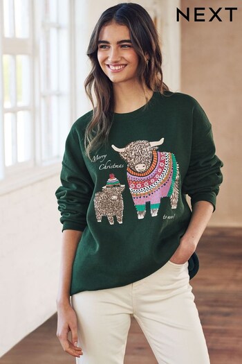 Forest Green Hamish The Highland Cow 'Merry Christmas to Moo!' Christmas Graphic Sweatshirt Jumper (Q83443) | £30