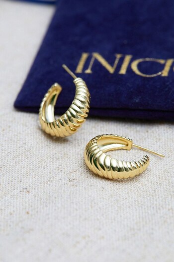 Inicio 14K Gold Plated Recycled Textured Polished Hoop Earrings - Gift Pouch (Q83468) | £35