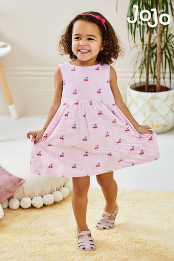 JoJo Maman Bébé Pink Cherry Stripe Embroidered Summer Dress (Q83496) | £25
