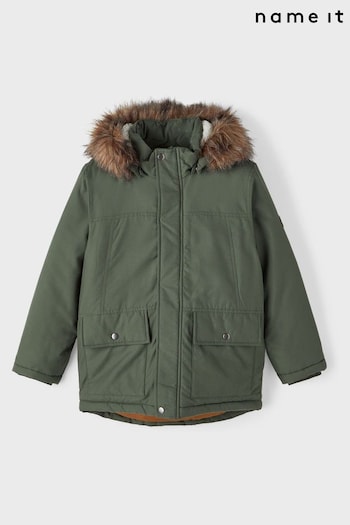 Name It Green Zip Up Faux Fur Parka Jacket (Q83595) | £38