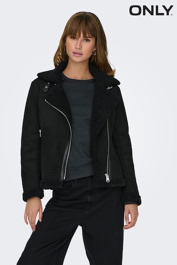 ONLY Black Faux Suede Bonded Aviator Jacket With Teddy Borg Lining (Q83624) | £79