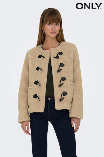 ONLY Cream Collarless Cosy Teddy Borg Coat With Toggle Button (Q83626) | £48
