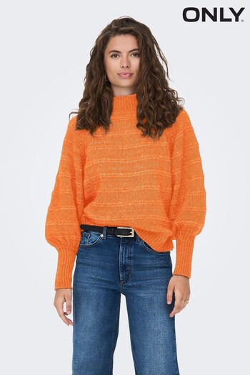 ONLY Orange High Neck Knitted Ribbed Puff Sleeve Jumper (Q83650) | £35
