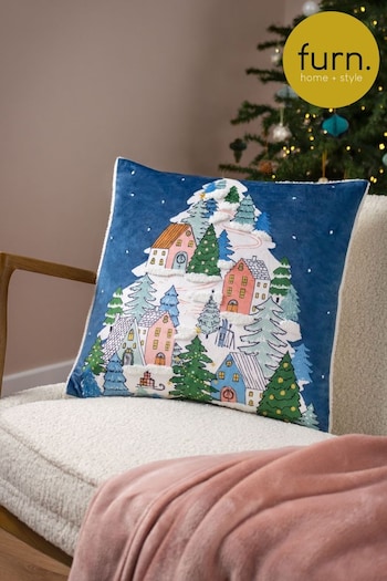 Furn Blue Snowy Village Tree Boucle Polyester Filled Cushion (Q83844) | £18