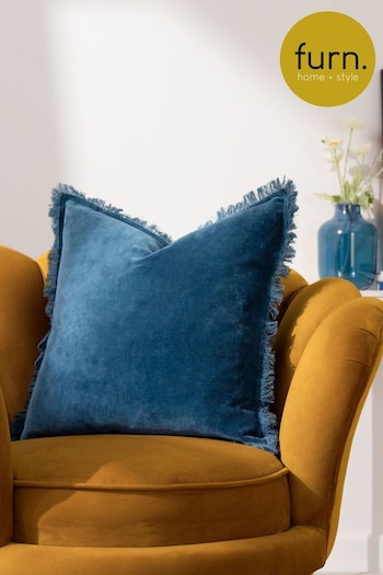 Furn Blue Gracie Velvet Fringed Feather Filled Cushion (Q83919) | £24