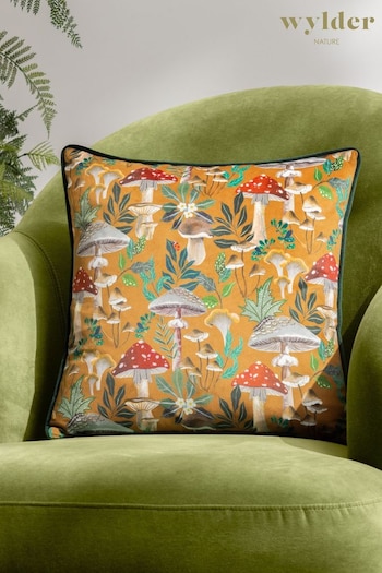 Wylder Nature Orange Wild Garden Mushroom Repeat Velvet Piped Polyester Cushion (Q83999) | £20