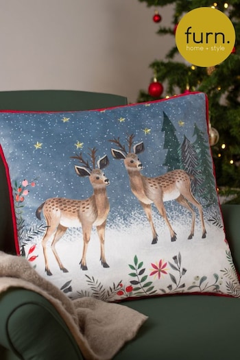 Furn Cream Ditsy Festive Reindeer Velvet Piped Polyester Fill Cushion (Q84047) | £17