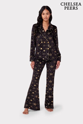Chelsea Peers Black Velour Foil Star Print Long Pyjama Set (Q84060) | £55