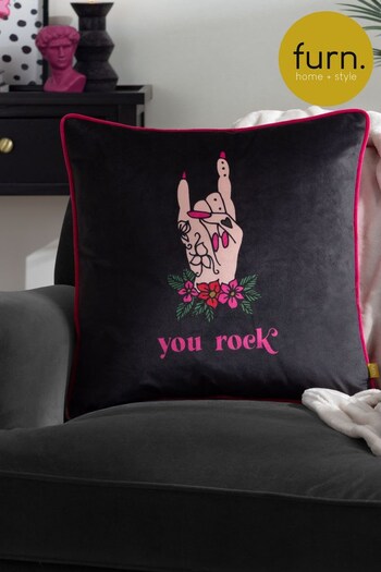 Furn Black Inked You Rock Piped Velvet Polyester Filled Cushion (Q84068) | £20
