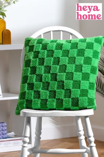 heya home Green Check It Boucle Fleece Feather Filled Cushion (Q84073) | £20