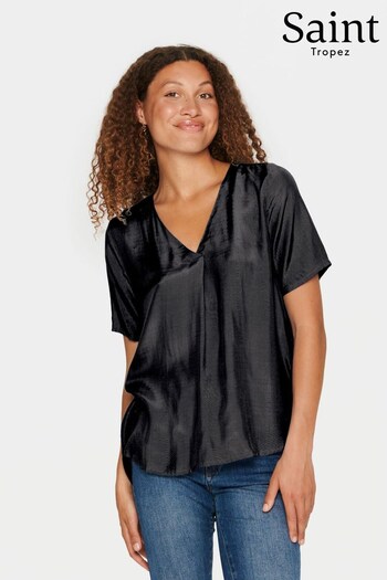 Saint Tropez Aida Short Sleeve V-Neck Black Blouse (Q84094) | £35