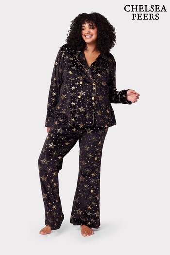 Chelsea Peers Black Curve Velour Foil Star Print Long Pyjama Set (Q84097) | £55